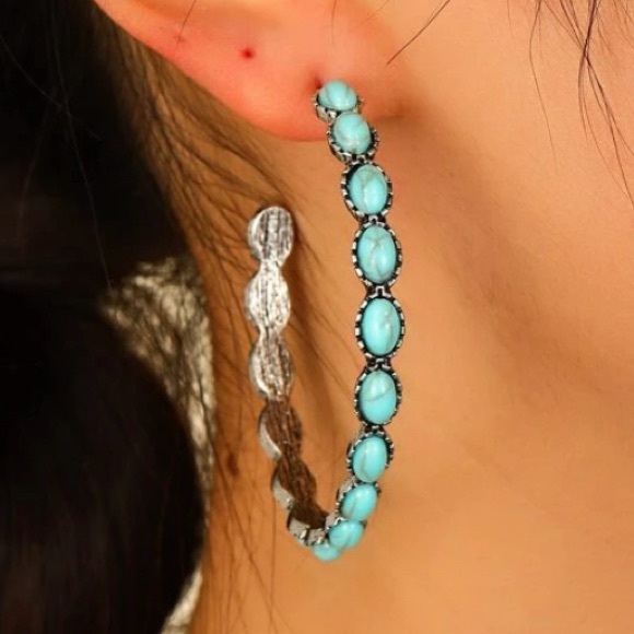 3/$18 Antique Silver and Turquoise Hoops - Picture 4 of 5